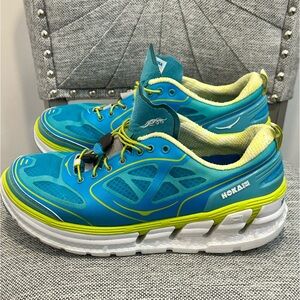 HOKA One One Women’s Conquest Road Running Shoes Aqua Blue Lime F10014F, Size 9